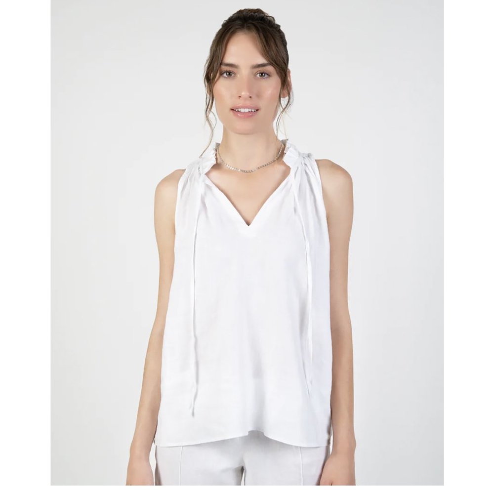 Ruffle Neck Sleeveless Tank Top Blouse, White